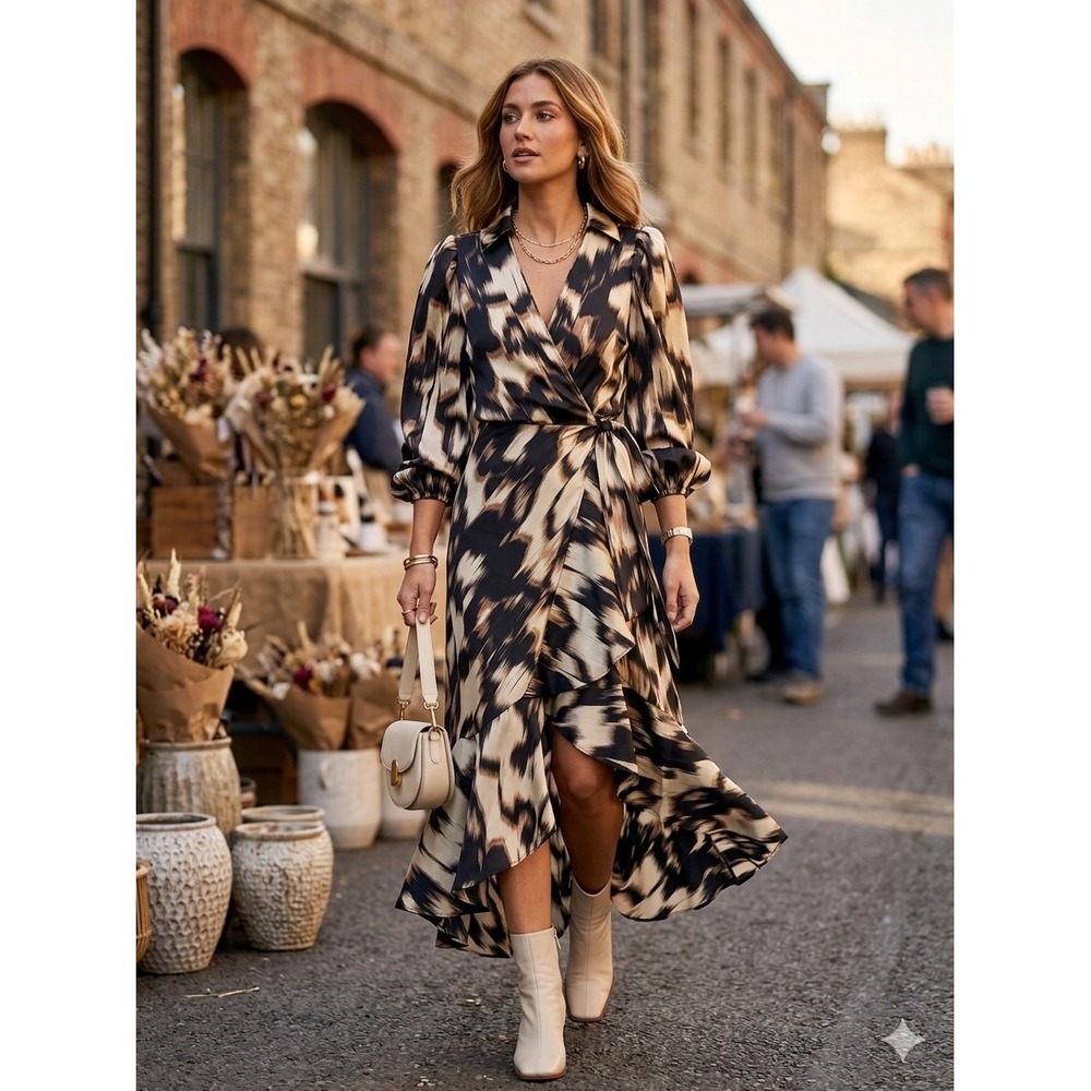 Tanya Taylor Abstract Print Wrap Midi Dress Long Puff Sleeve Ruffle Hem Size 6 - Picture 2 of 9